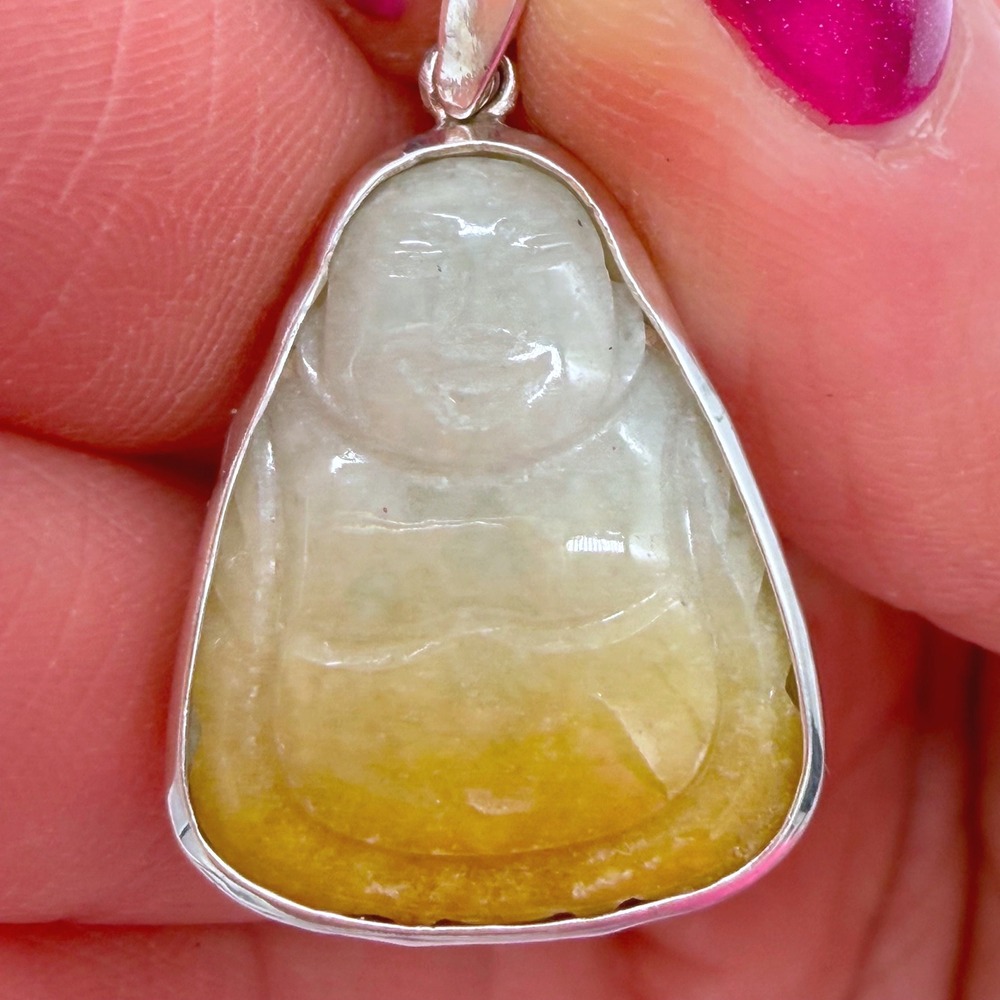 Hand Carved Jade Buddha Pendant Sterling Silver 925 Artisan Spiritual Jewelry‎